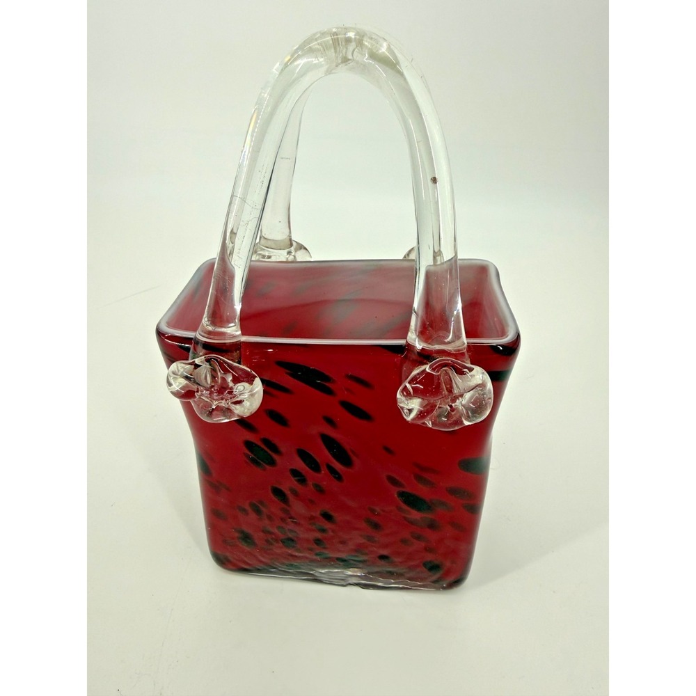 Murano Style Art Glass Basket Purse Vase Red Black Clear Handle MCM‎